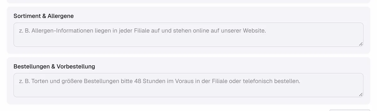 Zwei Textbausteine des Unternehmens in den Einstellungen der App: „Sortiment & Allergene“ und „Bestellungen & Vorbestellung“, je mit einem Feld für den Text.